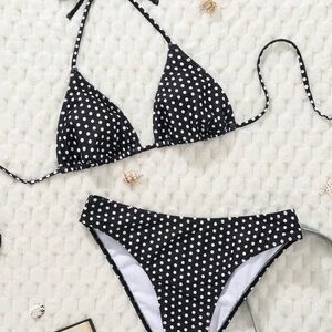 New SHEIN Black & White Polka Dot Bikini Set~Small~. Triangle Top & Bottoms